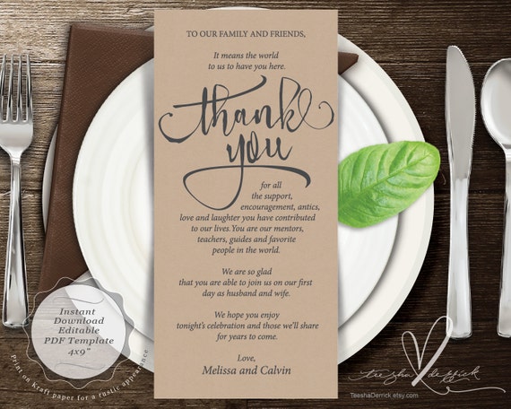 Wedding Place Setting Thank You Card Instant Download