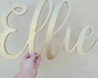 PAINTED 10" Word, Wood name sign, Wood cutout, Cursive name sign, Woodland Nursery, Cursive wooden name, Playroom sign, Custom Wood Cutout