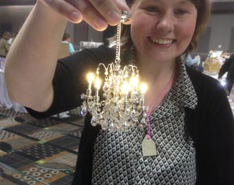 Crystal Silver chandelier 6 arms LED LAMP Dollhouse miniature light with battery and on/off switch 1:12 scale