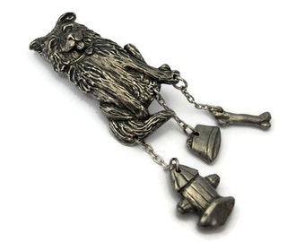 1992 Pewter Dog Charm Brooch by Seagull Canada Etain Zinn - Fire Hydrant Dog Food Bowl Bone Charms - Silver Tone Happy Dog Pin