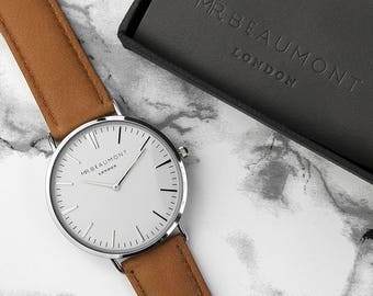 Men's Modern-Vintage Personalised Leather Watch In Camel- San Serif - Men's Watch - Gift for Dad - Father's Day - Wedding - FREE UK DELIVERY