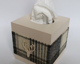 Tissue Box Cover Wood with Grey Check Tweed and Wooden Emblem, Gift for Men, Kleenex Box, Tissue Box, Tissue Box Holder for Men, Grey Box