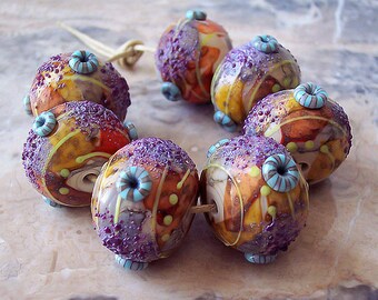 Indian summer. Handmade Hollow Lampwork Beads (1 pc) Ivory, Silvered Yellow and Orange, Purple, Turquoise, Yellow-Green. Made to order.