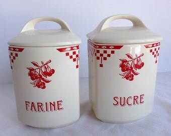Vintage French Cottage Style Cannisters. Red and White French Kitchen Cannisters
