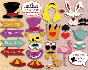 Alice in wonderland photobooth printable - Instant download alice in wonderland photo booth props - alice in wonderland birthday party decor