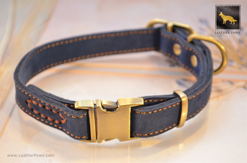 Leather Dog Collar Snap On For Quick Release Brass Real