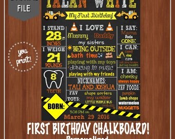 Construction First Birthday Chalkboard - Digital | You Print - Boy's First Birthday Poster - First Birthday - Little Digger - Boys - One