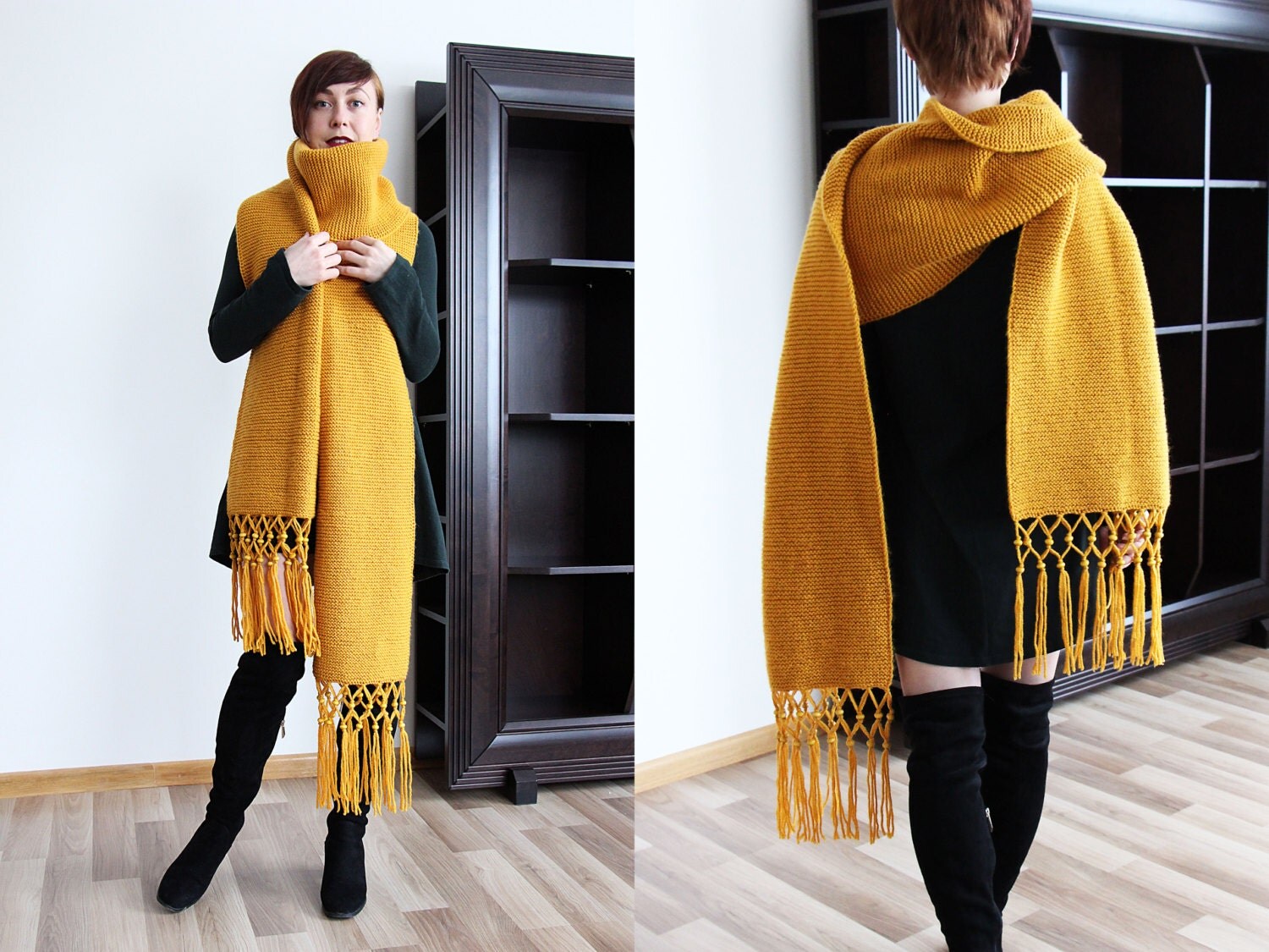 Gold Yellow extra long tassels shawl knitted wide long scarf