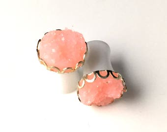 Faux Druzy Drusy Pink Gauges Gages Plugs 0g 8mm Bridal Wedding Bridesmaid