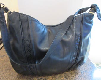 LOVELY 1980's Black Leather Slouchy Style Handbag, Snakeskin Detail - MADE In ITALY!!