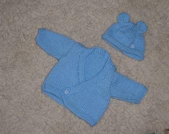 Gorgeous soft blue, cross-over cardigan/hat set for newborn baby