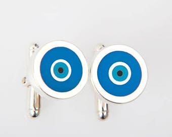 Greek Evil Eye Cufflinks with 975 Silver, Turquoise Enamel