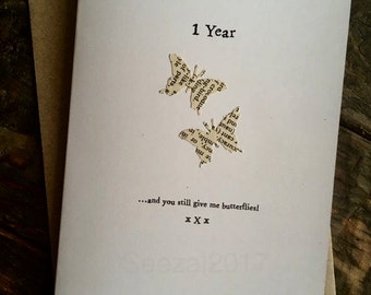 1st Anniversary Card Husband Wife. PAPER BUTTERFLIES cut from Vintage Book 2nd 3rd 4th 5th 6th 7th 8th 9th 10th Gift. Size A6: 15x10.5cm