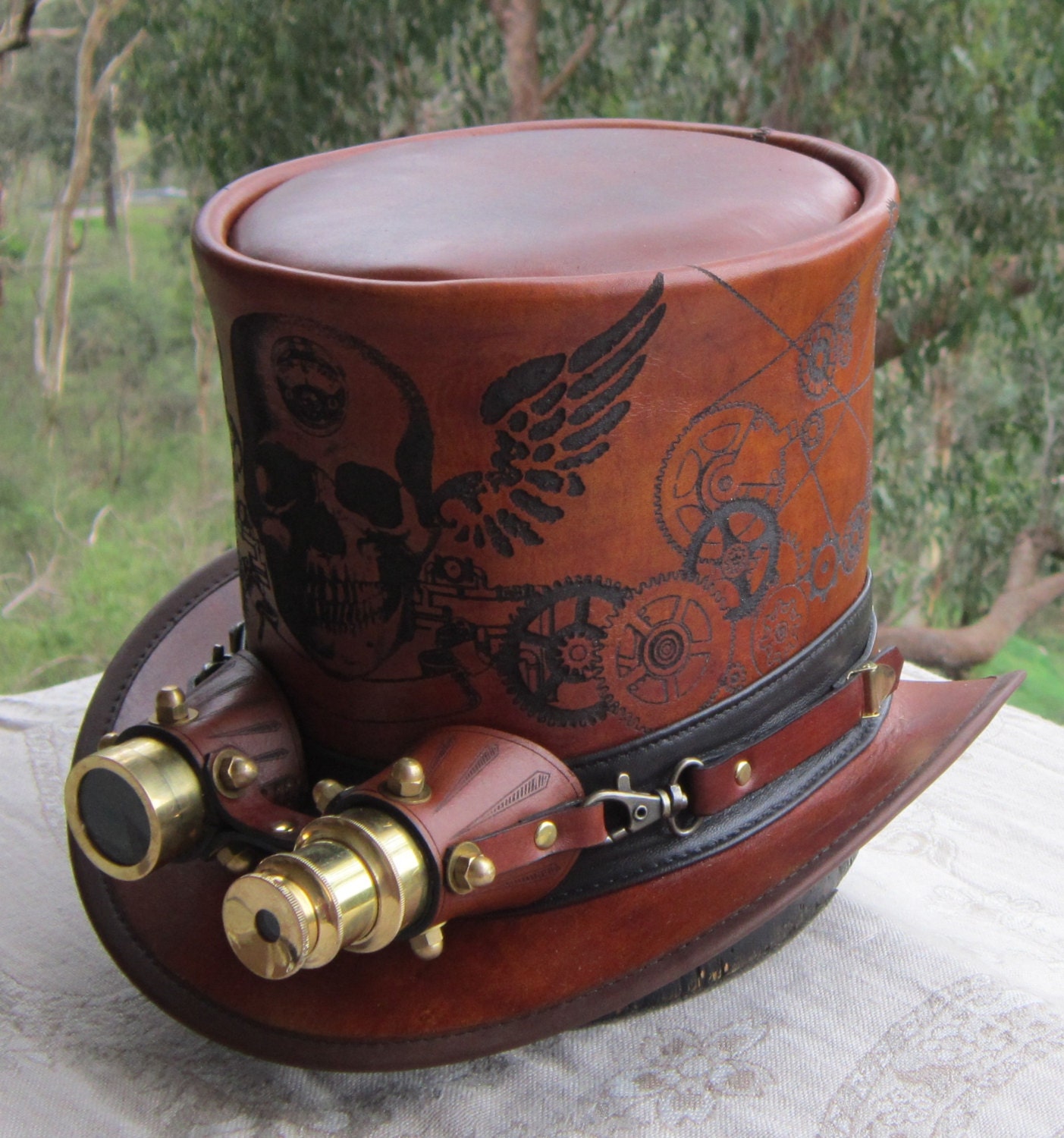 Brown Leather Custom Hand Etched Steampunk Top Hat With Golden