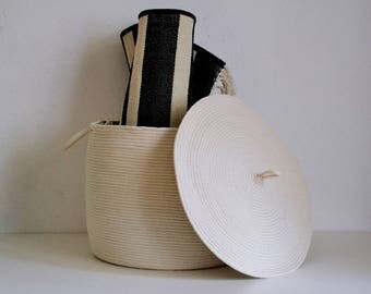 Rope basket, Storage basket, Storage basket with lid, Lidded basket, Scandinavian style basket, White basket,Laundry Hamper Toys basket