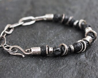 Oxidized sterling silver bracelet, lava stone bracelet, alternative jewelry, heavy sterling silver chain, artisan jewelry, made to order