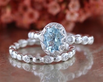 Floral Aquamarine Engagement Wedding Ring Set in 14k White Gold, 8x6mm Oval Cut Aquamarine Ring and Pebble Diamond Wedding Band Set