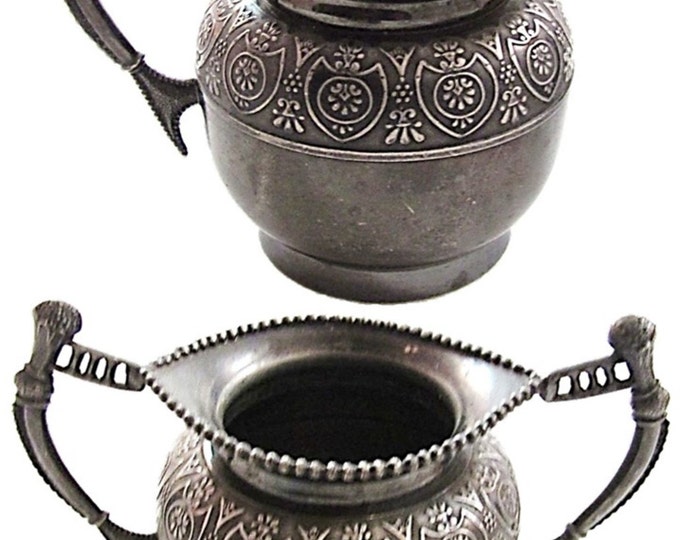 ANTIQUE Embossed Design Silver Cream and Sugar Set / Antique New York Silver / L'Allemand Silver Made in the USA / Embossed Silver Creamer