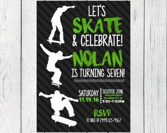 Skateboard Party: Personalized birthday invitation- ***Digital File*** (Skateboard-Green)