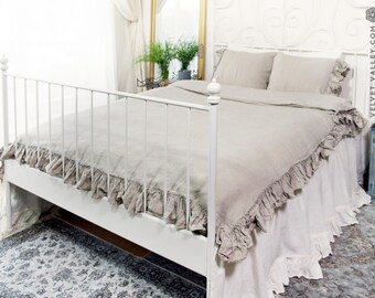 Natural softened linen BED SET/ duvet cover and pillow shams with ruffles - French style taupe double/queen/king size bed set