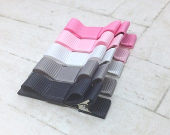 Baby toddler hair clip, pink and grey, ribbon lined hair clips with tuxedo bow, non-slip hair clips, alligator clip bow, no slip, baby hair