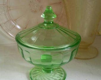 Vaseline green console bowl depression glass candy dish footed covered compote c. 1940s