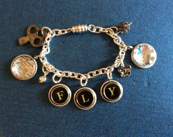 Antique Typewriter Key and Charm Bracelet