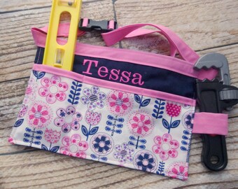 Personalized Tool Belt Kitchen Art Apron Utility Belt for Toddler Child Kids Girl, Toy Handmade Gift, Buckle- Navy and Pink Flowers