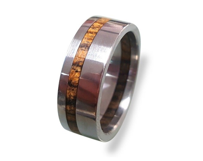 Titanium Ring inlaid with Bocote wood, Off-Center Style, Inside Bocote Inlay
