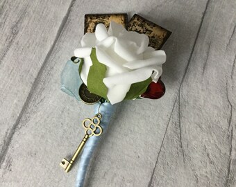 Alice In Wonderland Buttonhole, single buttonhole, white and blue buttonhole, Alice buttonhole, Alice corsage, Lewis Carroll