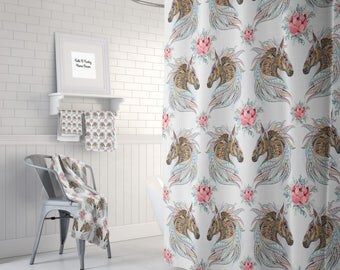 Wild Horses Shower Curtain, Bath Towels, Bath Mat ,Shabby Rose, Boho Chic