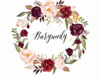 Watercolor flower wreath clipart-Burgundy/Hand Painted/Wedding design