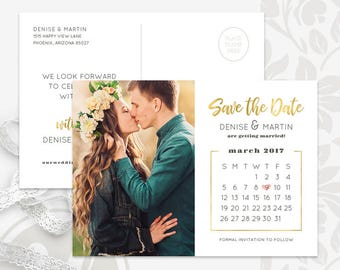 Calendar Save the Date Card - Calendar Save the Date Postcard Template, Save the Date Postcard, Gold Save the Date, Wedding Announcement