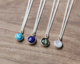 Lapis Lazuli Moonstone Labradorite Turquoise // Silver Round Bezel Pendant Charm // Dainty Small Charm Silver Chain Choker Necklace