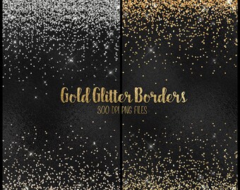 Gold Glitter Borders Clipart, silver and gold glitter png overlays, clip art gold glitter confetti high resolution instant download