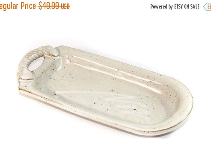 Storewide 25% Off SALE Vintage Permentier Artisan Ceramic Stoneware Cream Colored Serving Tray Featuring Single Braided Rope Style Handle