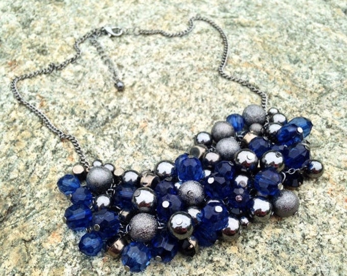 Storewide 25% Off SALE Vintage Massive Chunky Clustered Blue & Silver Toned Beaded Cocktail Necklace Perfect For Those Who Demand Statement