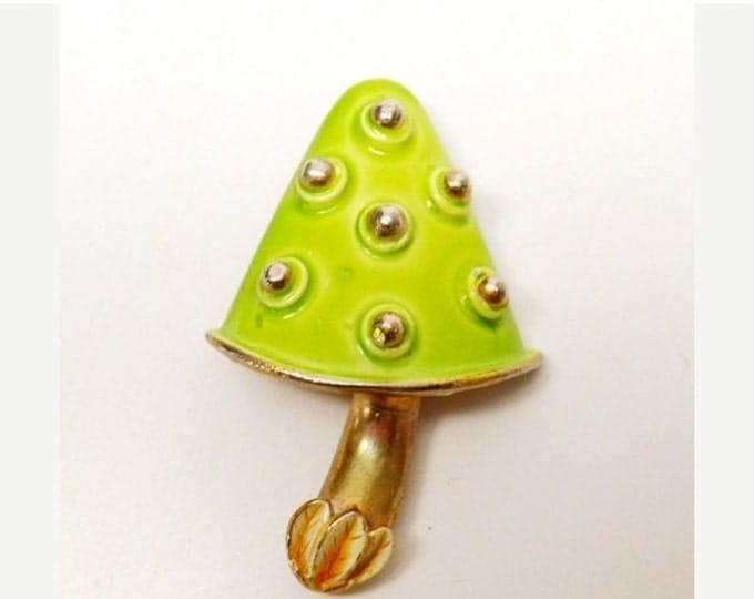 Storewide 25% Off SALE Vintage Designer Enamel Painted Lime Green Mushroom Brooch with Tufts of Grass Adoring the Base of Mushroom Stem