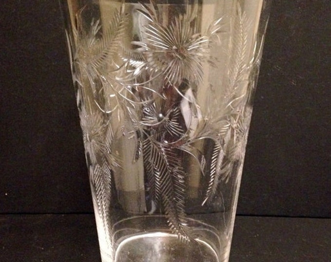 Storewide 25% Off SALE Vintage Large Tropical Themed Style Clear Etched Glass Vase Featuring Subtle Flower And Leaf Design Accents