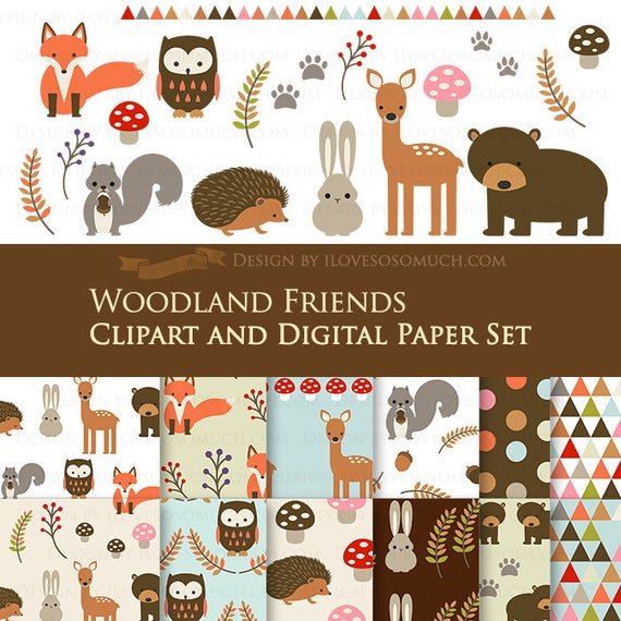 Woodland Friends / Animals / Camping Clip Art + Digital Paper Set / Fall Clip Art / Fall Digital Paper - Instant Download Il_570xn