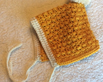 Readyto ship - Crochet hat- pompom pixie bonnet, handmade, ready to ship