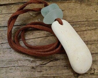 English sea pottery pendant, sea glass necklace, beach stone necklace, suede leather necklace.