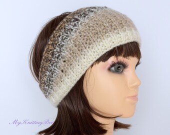 Womens Knitted Ear Warmer in Multi Color Beige and Brown