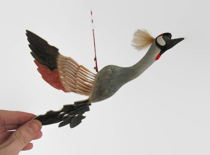 Handmade Fan Bird Mobile Wood Carving Grey Crowned by MyFanbirds