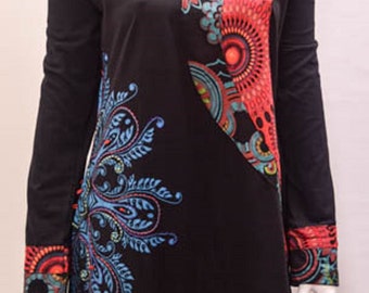 funky hippy boho patchwork psychedelic floral tunic cotton dress black XXL 12 14