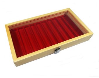 Natural Wood Glass Top Lid Red 10 Slot Display Box Case Jewelry Case Pens Case Pocket Knife Case