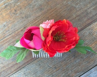 Hot Pink and Coral Peony Floral Comb