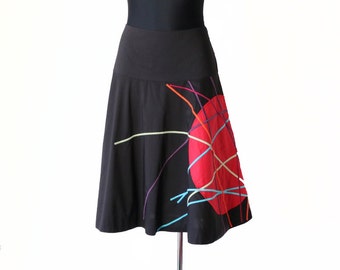 Vintage Black Cotton Flared Skirt with Applique Size 40