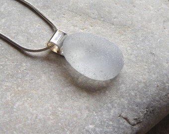Grey White Northumbrian Sea Glass Necklace, Genuine English Sea Glass Pendant, Sea Glass Jewellery Sterling Silver, Birthday Gifts Hand Made