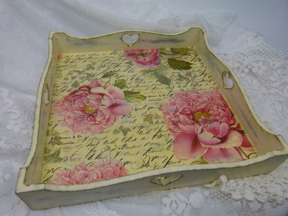 Large Shabby Chic Vintage Roses Wooden Serving Tray